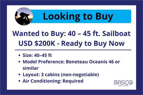 Wanted to Buy: 40 – 45 ft. Sailboat similar to Beneteau Oceanis 46 – USD $200K